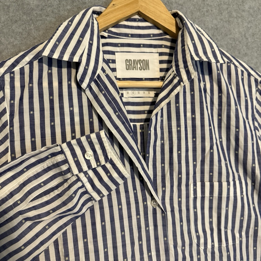 Grayson The Hero Shirt Womens Sz 2 Navy White Vertical Stripe Button Down Cotton